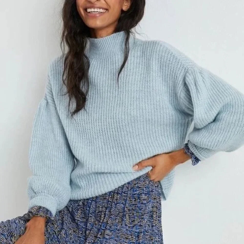 Anthropologie Blue Baggy Versatile Mock Neck Pullover Sweater Women's Size XXS